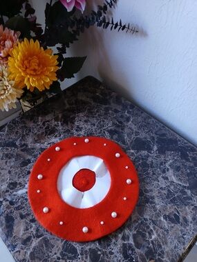 Red Felt Beret with Pearl Accents